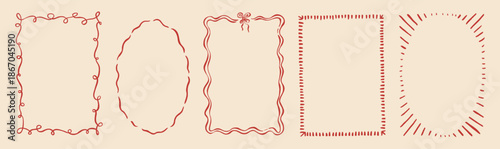 Whimsical hand-drawn ribbon frames with a bow. Red vector vintage sketch. Party invitation borders with decorative bows, pink doodle circles and ovals, cute retro clipart shapes for baby shower cards