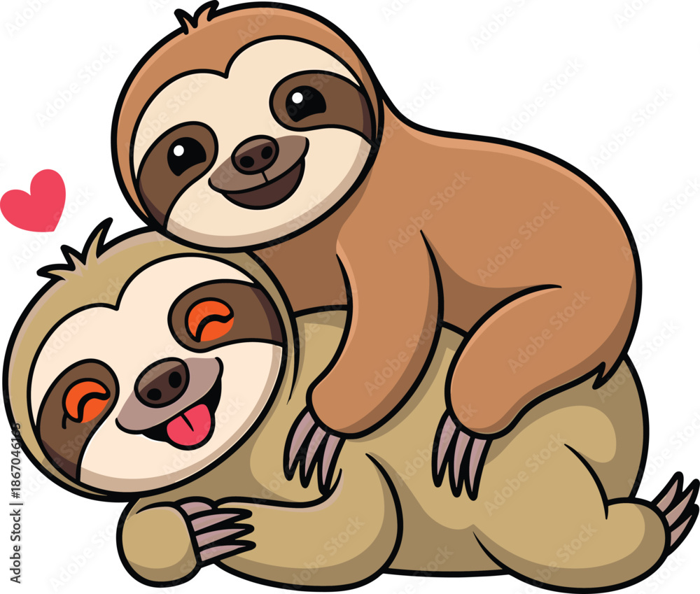 Obraz premium Cheerful cartoon baby sloth climbing on its mother's back with a small pink heart for family play wildlife and parenting concept vector