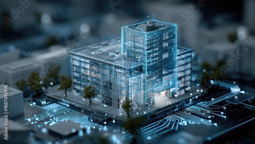 Holographic building model on illuminated circuit board cityscape. Digital infrastructure