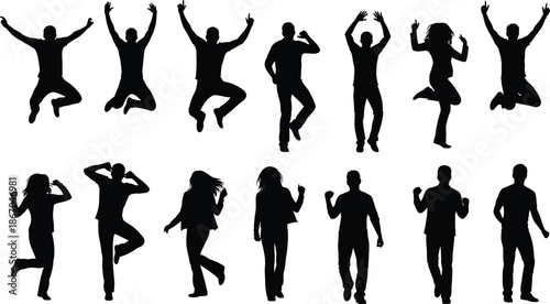 Collection of happy people silhouettes jumping and dancing in celebration, black vector set of active men and women, white background.