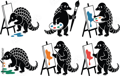Six pangolins painting on easels with colorful paints