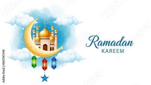 Ramadan Kareem Greeting Card with Mosque and Lanterns islam muslim eid festival holiday crescent