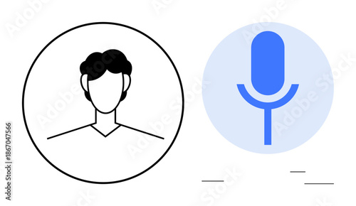 User profile, audio recording, communication, podcasts, speech recognition, digital media. Minimalistic design with a head icon and microphone in circles. s audio recording and digital media