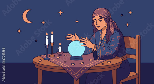 Fortune Teller Gazing into Crystal Ball
A flat vector illustration of a fortune teller sitting at a table, gazing into a glowing crystal ball. Candles, stars, and a draped tablecloth surround the ball