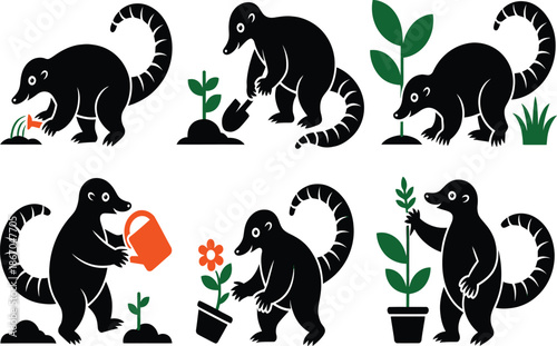Six cartoon pangolins gardening planting watering and tending plants