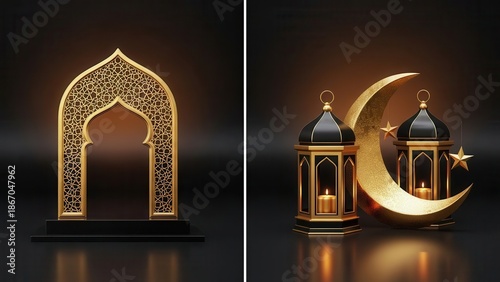 Elegant Islamic arch and lanterns with crescent moon for Ramadan eid lantern star gold