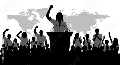 Woman Giving Speech to Crowd Globally.