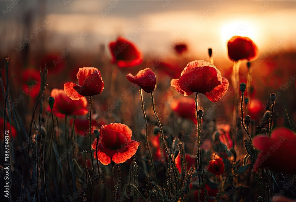 Obraz premium Field of vibrant red poppies in golden sunset light, with blurred background