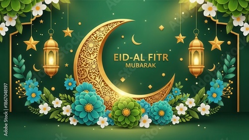 Eid al Fitr Mubarak Greeting Card with Crescent Moon and Flowers green gold lanterns