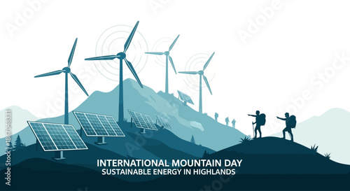 Wind Turbines and Solar Panels on Mountain.