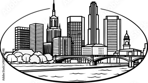 Very beautiful view of Frankfurt’s financial district in Germany with the Main River flowing through modern skyscrapers, showcasing economic strength, urban elegance, and contemporary European city li