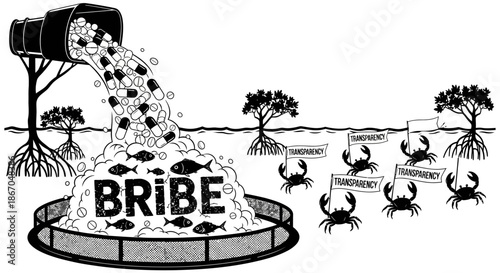 Bribe Money Falling into Container Illustration.