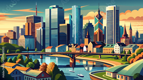 Very beautiful view of Frankfurt’s financial district in Germany with the Main River flowing through modern skyscrapers, showcasing economic strength, urban elegance, and contemporary European city li