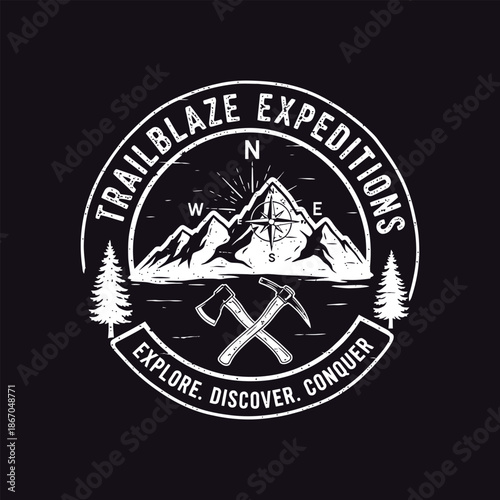 Vintage Trailblaze Expeditions with mountains compass axe pickaxe pine trees for outdoor adventure exploration discover Conquer logo design