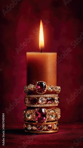 A burning candle is adorned with ornate jewelry in front of a deep red backdrop