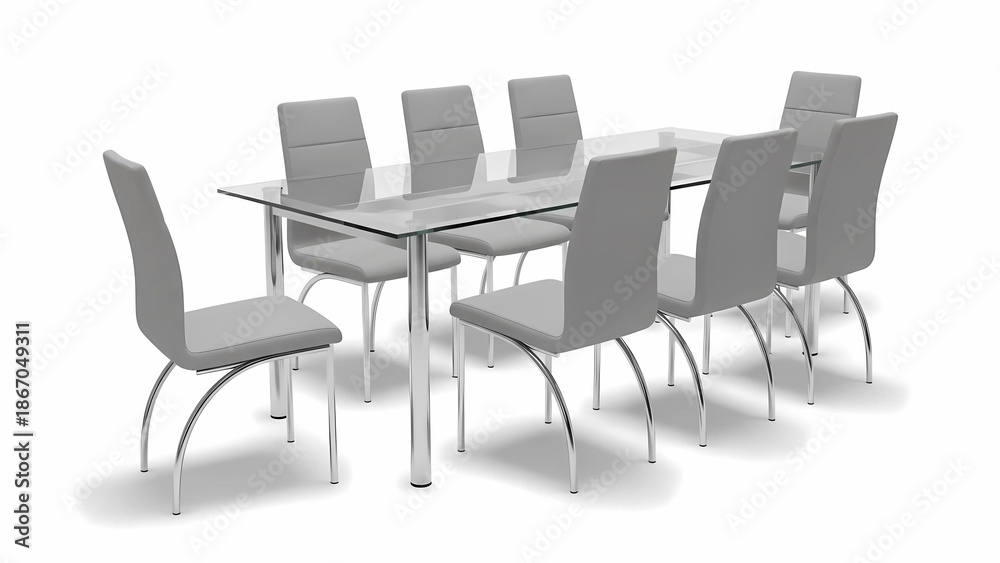Obraz premium Minimalist Glass Dining Table Set with Chairs on White Background