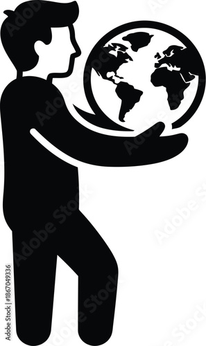 silhouette of a man with globe, Man holding globe vector icon, person carrying earth planet silhouette, global responsibility and environmental conservation concept, world leadership and international