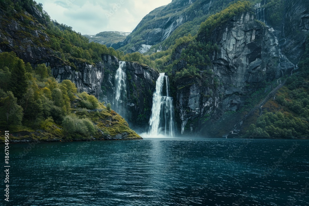 Fototapeta premium Majestic twin waterfalls dramatically plunge into a serene fjord, showcasing the raw beauty of norwegian nature