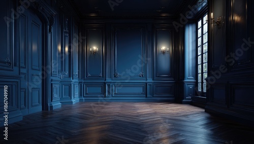 Spacious, empty room with classic dark blue wood paneling and reflective parquet floor