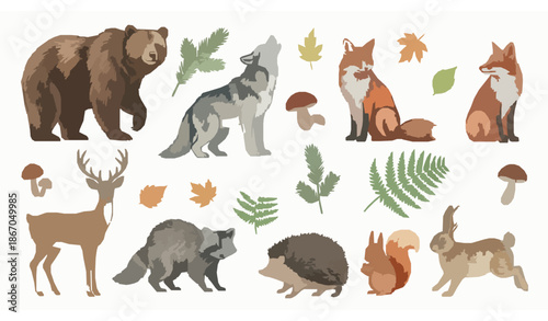 Wild animals and forest plants watercolor illustration set with bears, foxes, wolves, deer, and woodland flora