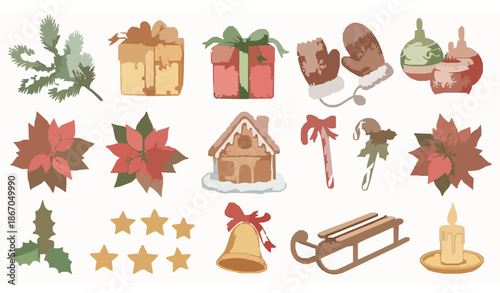 Whimsical watercolor Christmas elements set with fir, gifts, mittens, balls, house, and holiday decorations