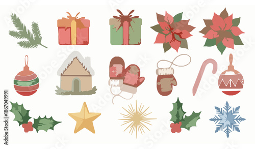 Watercolor Christmas set with fir branches, gifts, flowers, balls, cozy house, and mittens