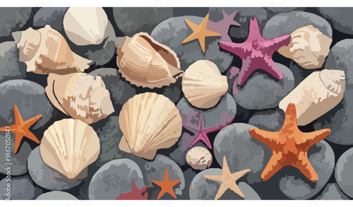 Marine watercolor clipart set with seashells and starfish isolated on white for summer designs