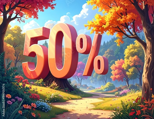 50% off promotion in a colorful autumn forest with a path leading into a bright, sunny landscape
