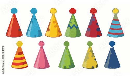 Birthday party hat vector set with colorful cartoon cone caps for celebrations and anniversaries