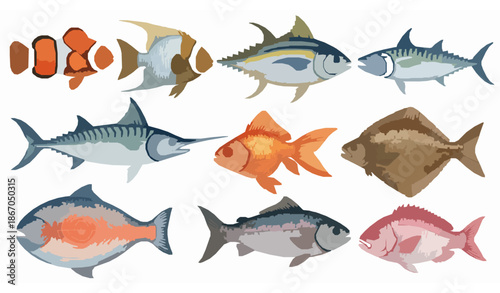 Wild sea fish watercolor illustration set with clownfish, angelfish, tuna, swordfish, salmon, and snapper