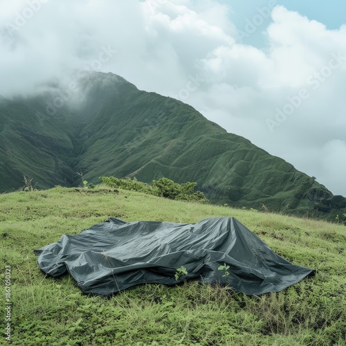 A dark sheet covers an object on a grassy hill; green mountain shrouded in clouds looms
