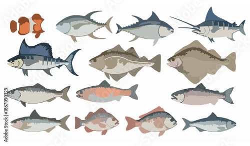 Hand-drawn watercolor wild sea fish collection with tuna, swordfish, clownfish, salmon, marlin, and cod
