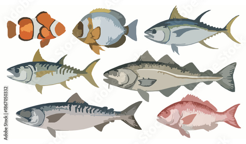 Wild sea fish watercolor collection with clownfish, tuna, angelfish, swordfish, cod, and mackerel