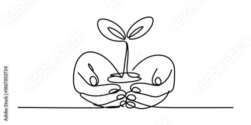 Continuous line drawing illustrating hands carefully holding a young plant sprout Vector, illustration