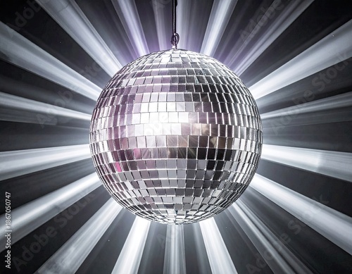 A dazzling disco ball, illuminated, emitting radiant beams against a striped backdrop