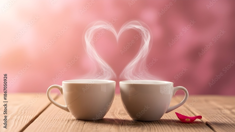 Fototapeta premium Two Coffee Mugs on a Wood Table with Heart-Shaped Steam, Valentine's Day