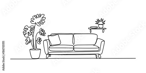 A minimalist single line drawing of a living room sofa with houseplants Vector, illustration