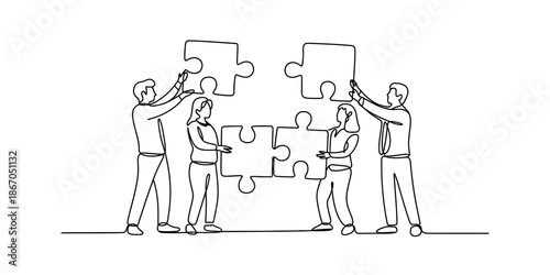 Four business professionals working together to solve a problem represented by puzzle pieces Vector, illustration