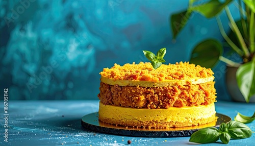A delectable layered cake, boasting a light yellow base and a textured topping, with basil