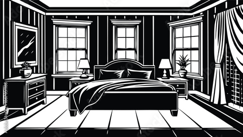Black and White Bedroom Interior Woodcut Style Landscape Scene