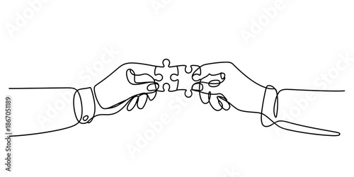 A continuous line drawing of two hands connecting jigsaw puzzle pieces, symbolizing teamwork and partnership Vector, illustration