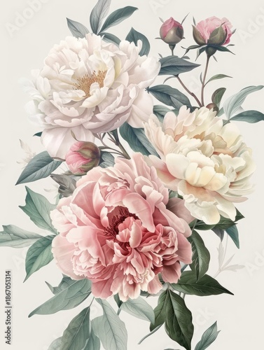 A delicate floral arrangement of peonies with buds and lush green foliage against a soft background