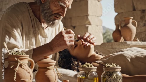 Attentive senior healer applying traditional medicine to young woman in ancient clinic. Concept of natural health and therapy