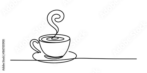 Continuous line drawing of a steaming coffee cup on a saucer, minimalist art Vector, illustration