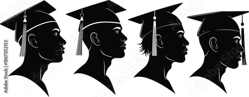 Silhouette of four diverse graduates wearing mortarboard caps, black vector profiles of students celebrating academic graduation success on white background.