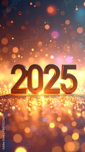 2025 sparkles. 3D rendered gold numbers sit on a shimmering surface. Bokeh lights in the background