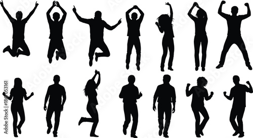 Collection of happy people silhouettes jumping and dancing in celebration, black vector set of active men and women, white background.