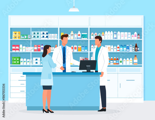 A team of three pharmacists in white coats collaborates behind the counter of a modern, well-stocked pharmacy. This scene represents professional teamwork, healthcare services, and a friendly drugstor