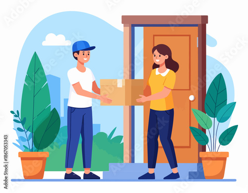 A friendly courier in a cap delivers a package to a smiling woman at her front door. This illustration represents fast shipping, online shopping, and reliable home delivery service.