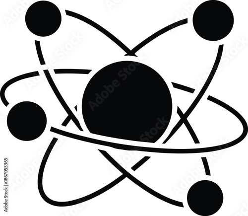 A stylized minimalist grey atom icon representing science, physics, and modern technology concepts.
